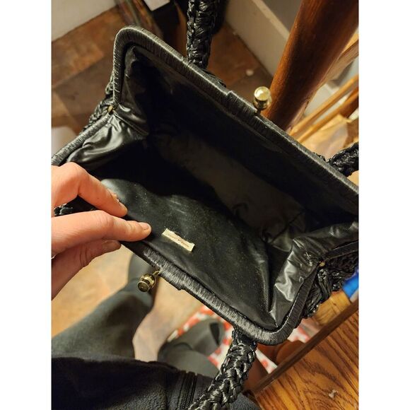 Vintage 1950s Japan Black Raffia Handbag,‎ Brass Hardware. Rare - Picture 5 of 6